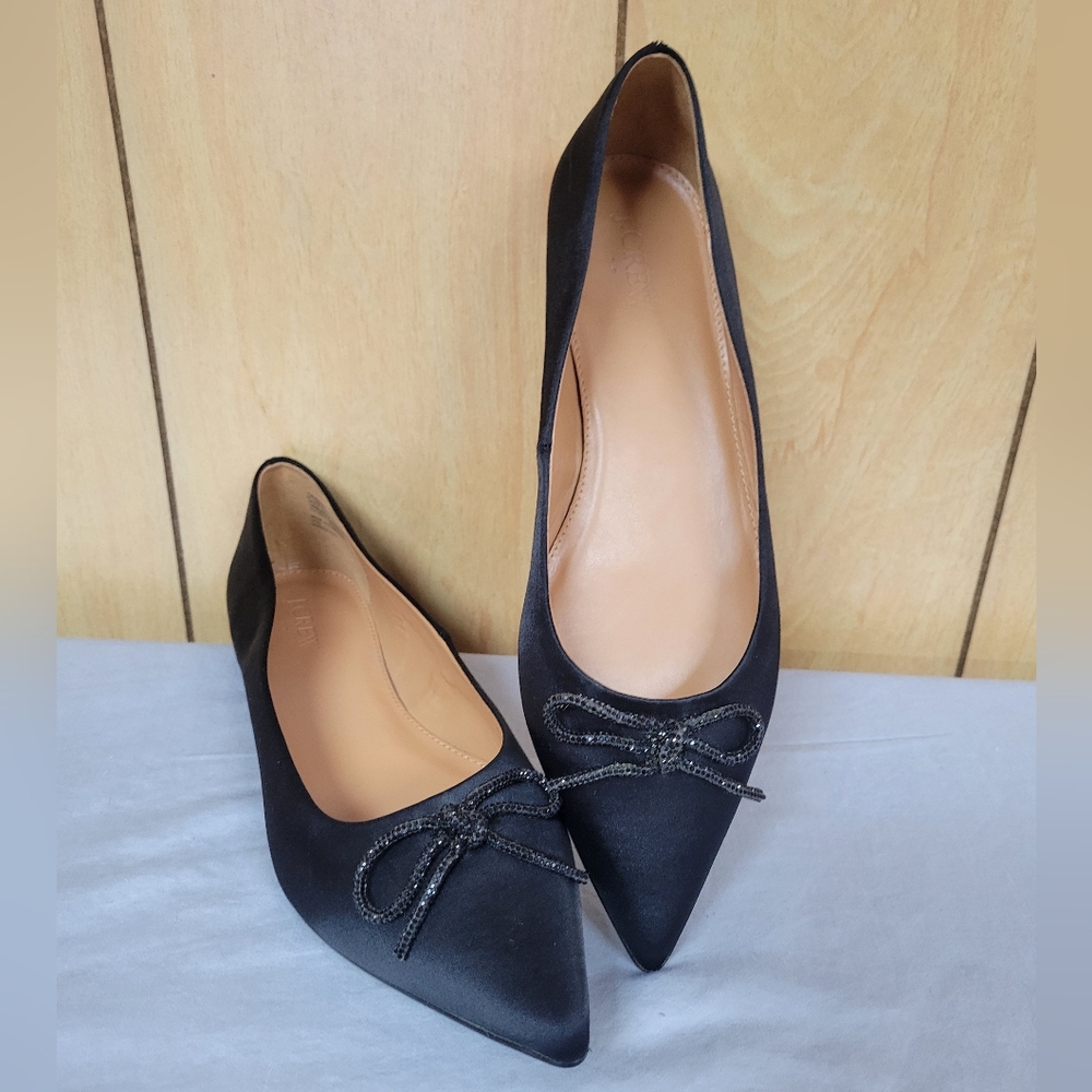 J. Crew Black Satin Embellished Bow Pointy-toe Flats